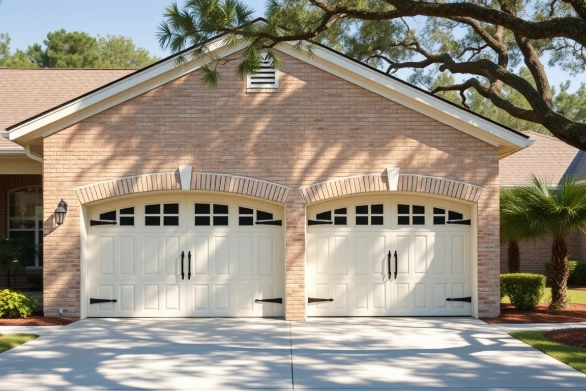Carriage-style garage doors beside a shaded landscaped driveway