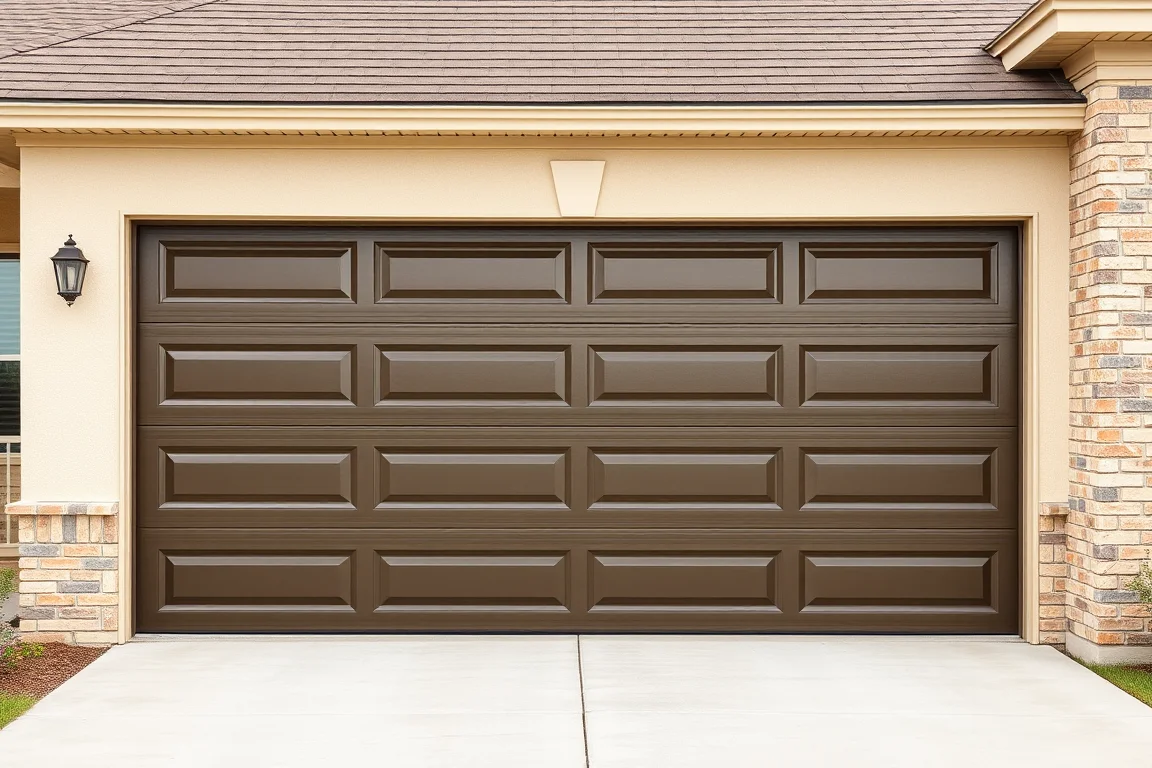 Close view of a charcoal sectional garage door and trim