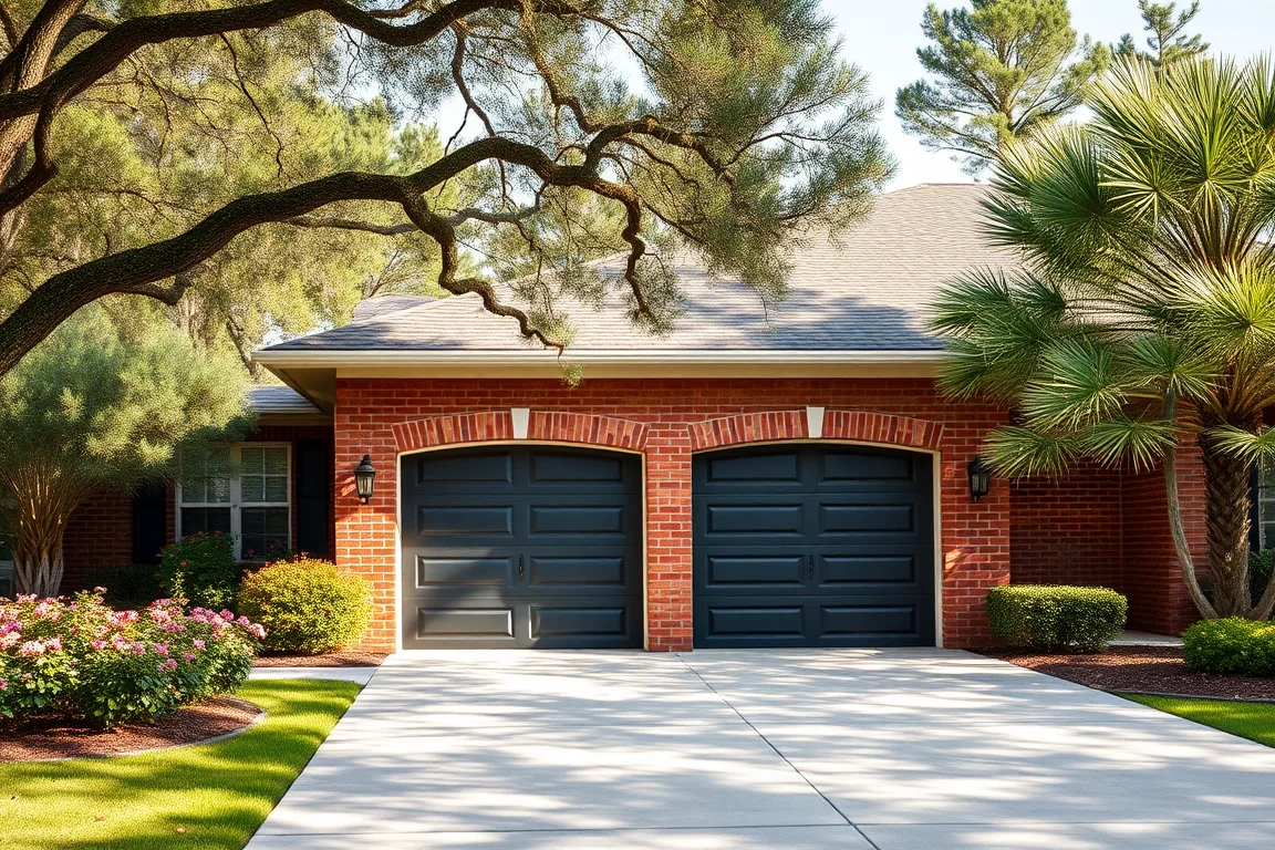 Charcoal garage doors on a brick North Florida home surrounded by green landscaping