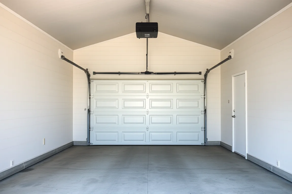 Finished garage interior with a ceiling-mounted garage door opener