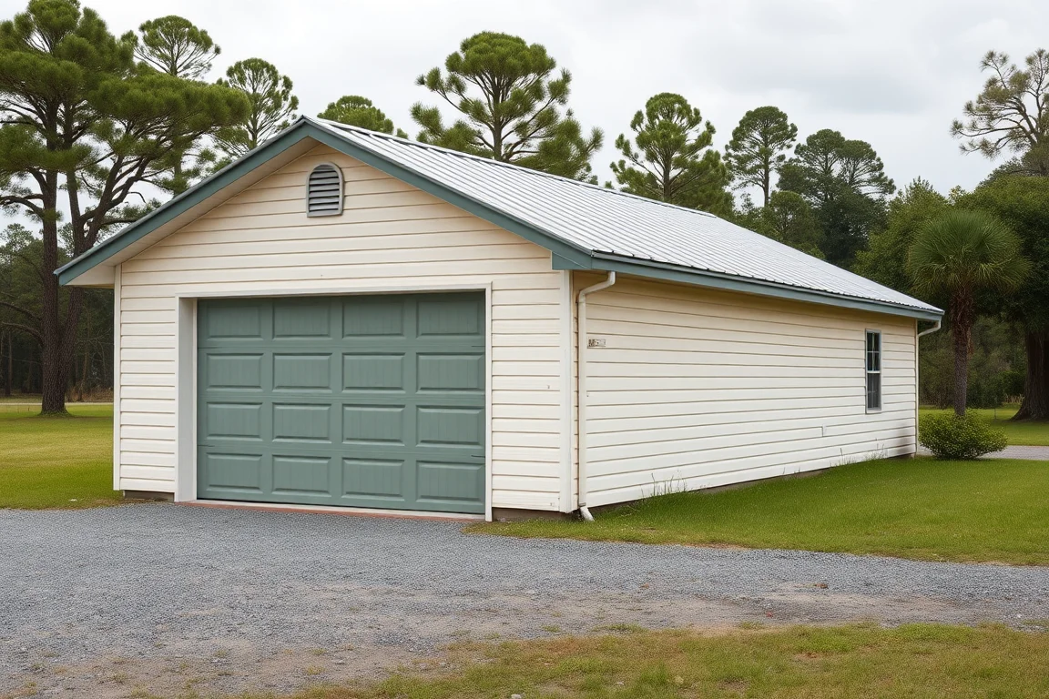 Garage door on a North Florida home beneath a wide roof overhang